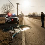 Concerned resident standing by rural road with damaged utility pole and exposed fiber optic cable near a parked police car.