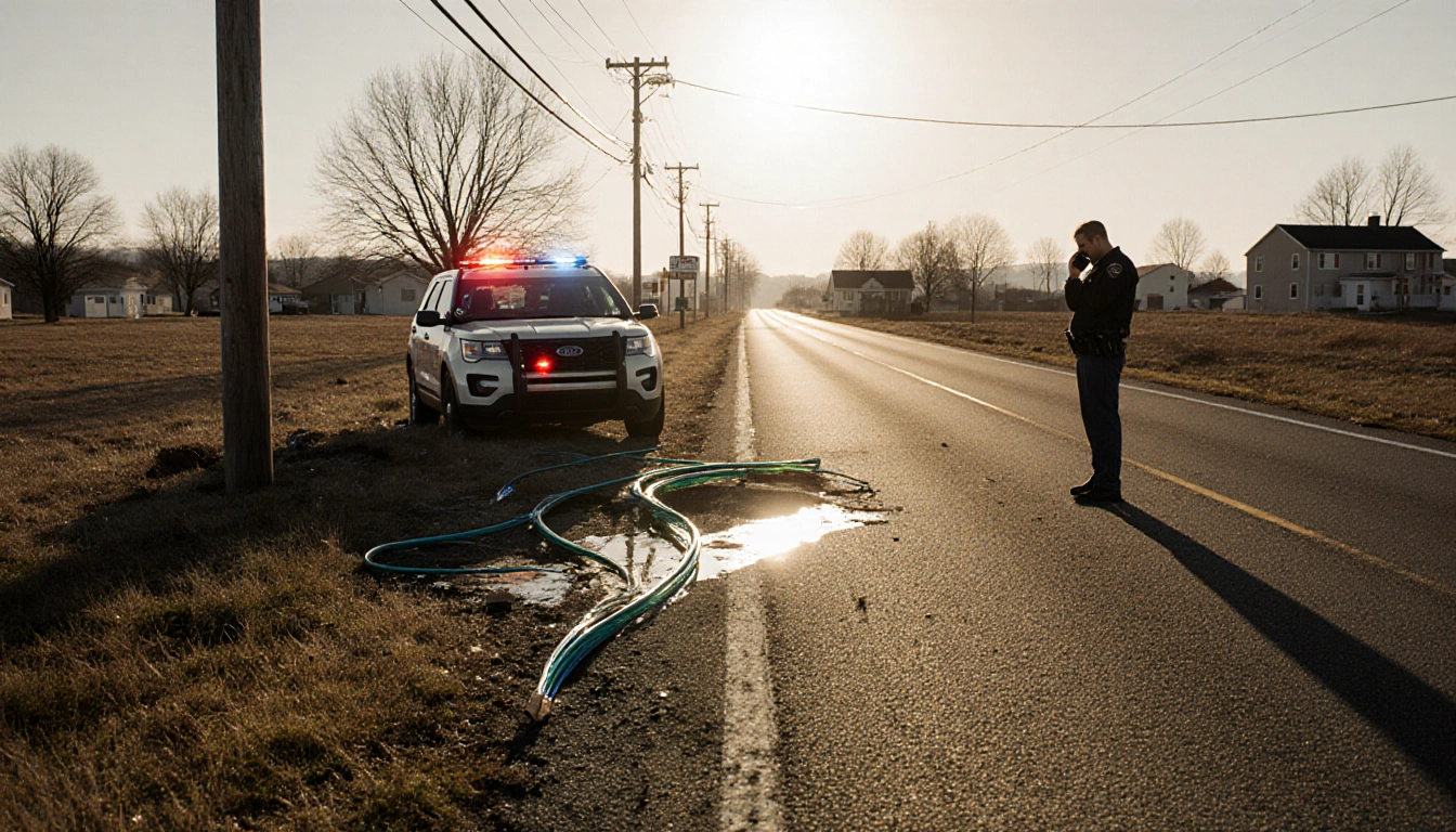 Concerned resident standing by rural road with damaged utility pole and exposed fiber optic cable near a parked police car.