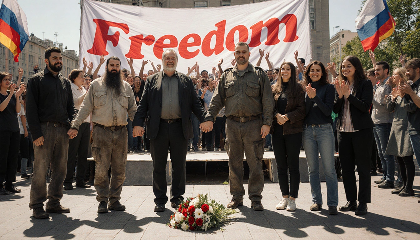 Group of activists celebrating freedom with family members holding hands in square and Freedom banner