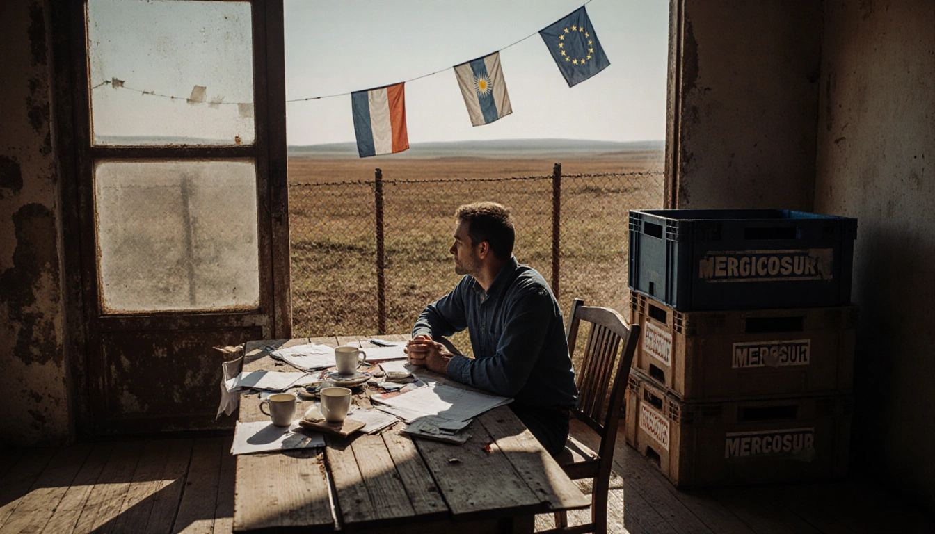 French farmer looking over Argentine plains with faded EU flags and Mercosur crates