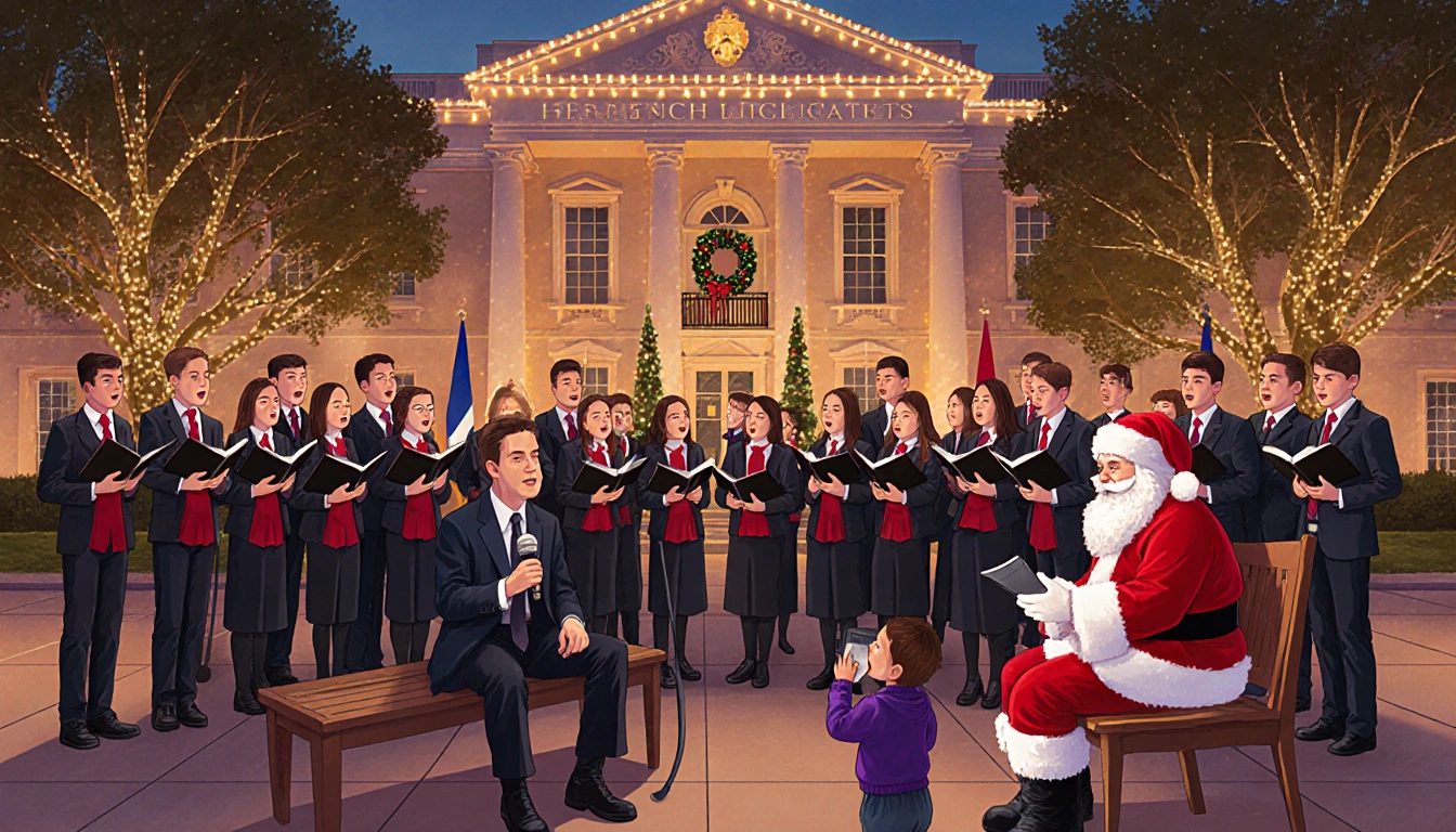 Mayor Kirk Watson seated on a bench with choir members singing and Santa holding a microphone among children festive lights