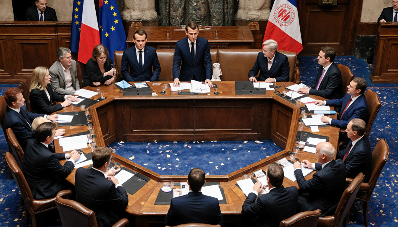 National Assembly debate shows far-right left-wing lawmakers separated by the aisle with scattered papers and empty chairs