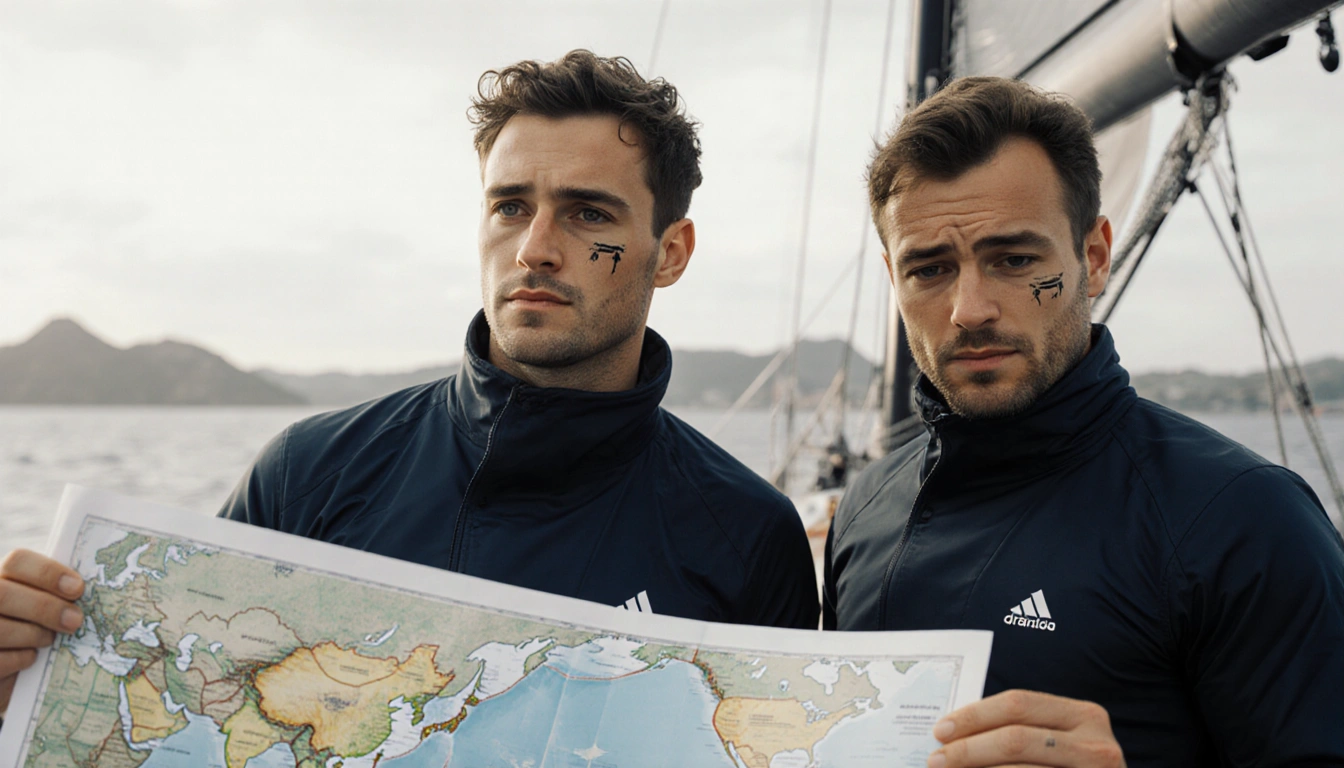 Two French sailors stand on their boat with a blurred Australian coastline in the background and a navigational chart in the 