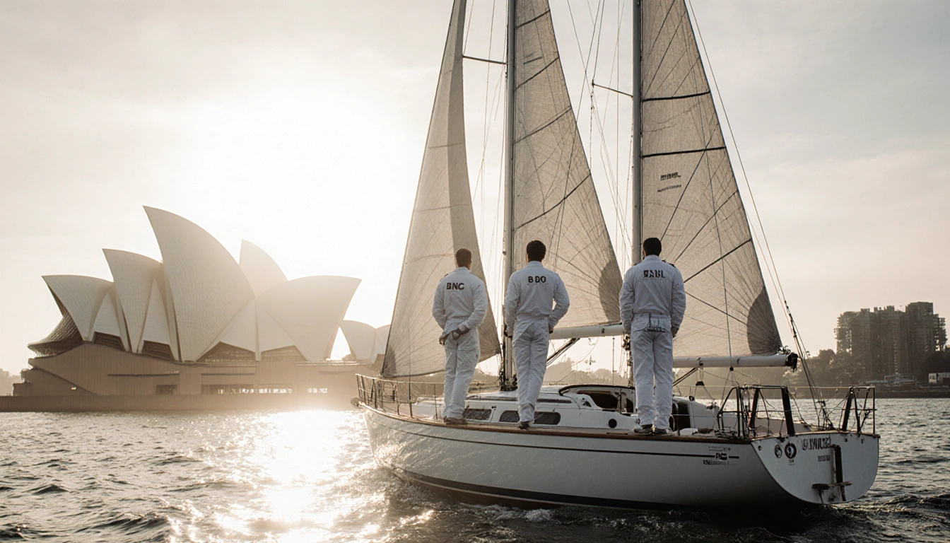 Two French sailors standing back-to-back at helm of 35‑ft yacht with Opera House in foggy dawn background