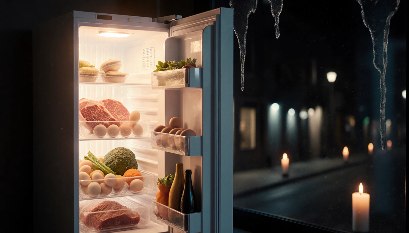 Refrigerator opening with partially open door revealing warm interior with perishable food and blurred cityscape candles
