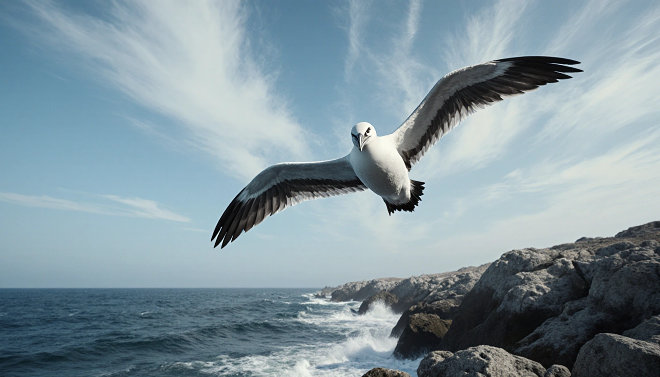 Frigatebird hovering with wings spread against gradient blue sky and gentle waves on rocky coastline
