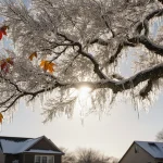 Frosted tree branch displaying icy crystals and autumn leaves with shadows snow-covered houses under a blue-grey winter sky.