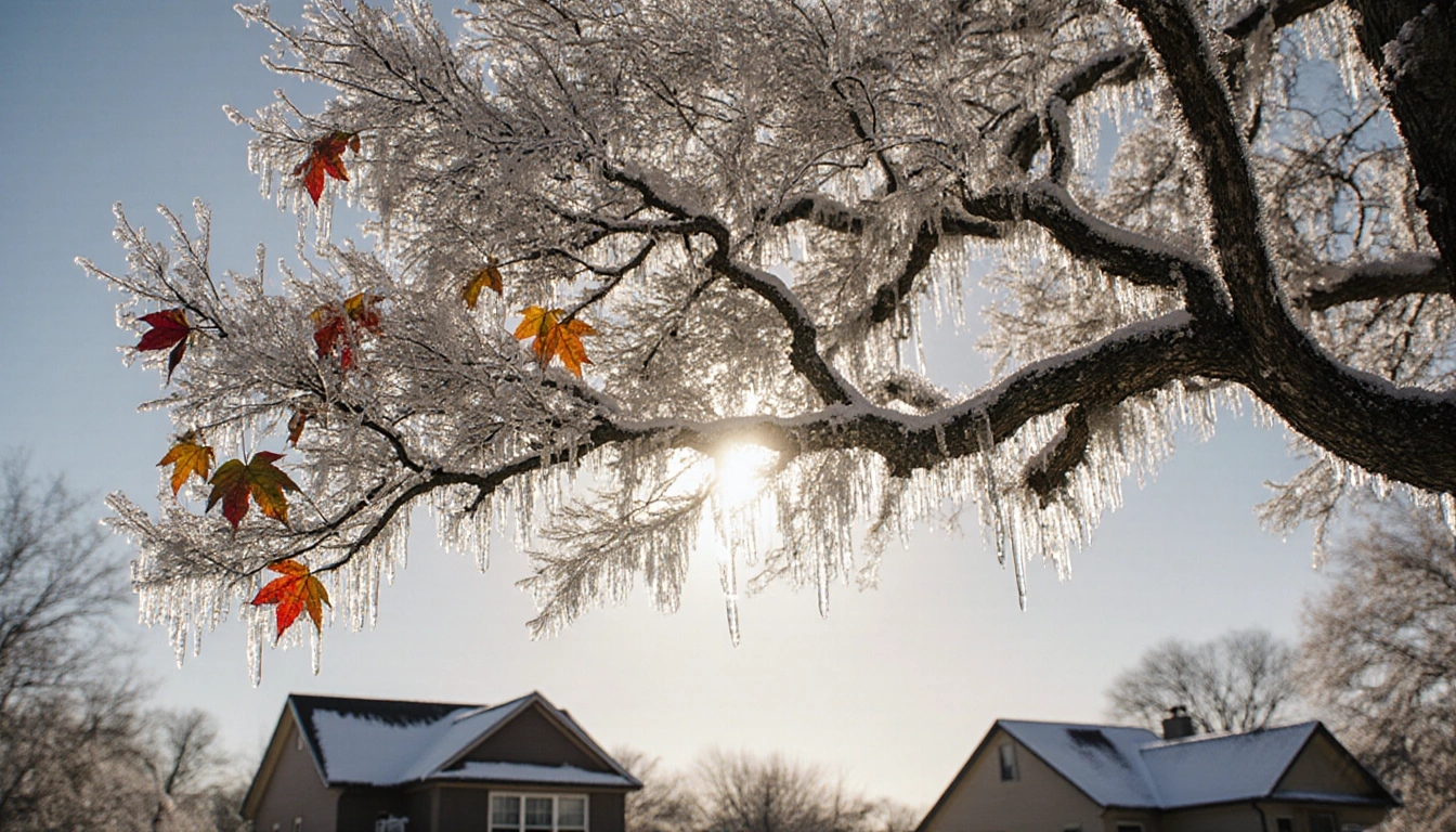Frosted tree branch displaying icy crystals and autumn leaves with shadows snow-covered houses under a blue-grey winter sky.