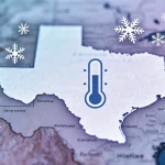 Frosty winter map of Central Texas showing blue-purple gradient with falling snowflakes