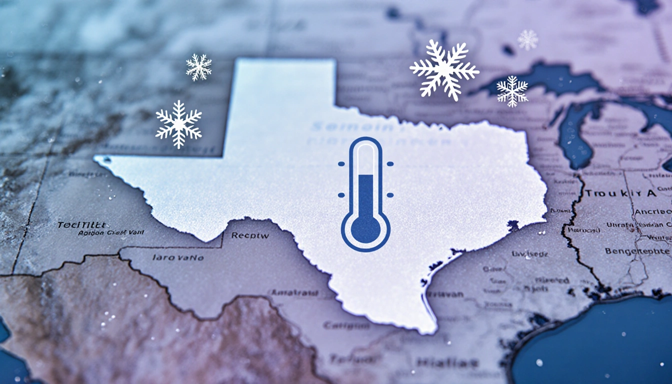 Frosty winter map of Central Texas showing blue-purple gradient with falling snowflakes