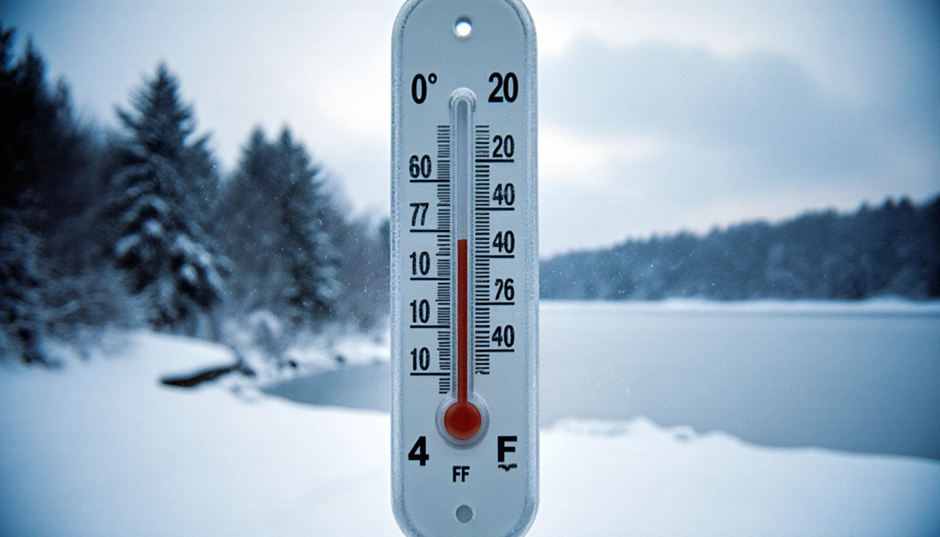 Thermometer indicating -4°F with frosty glass against snowy trees and frozen lake winter background