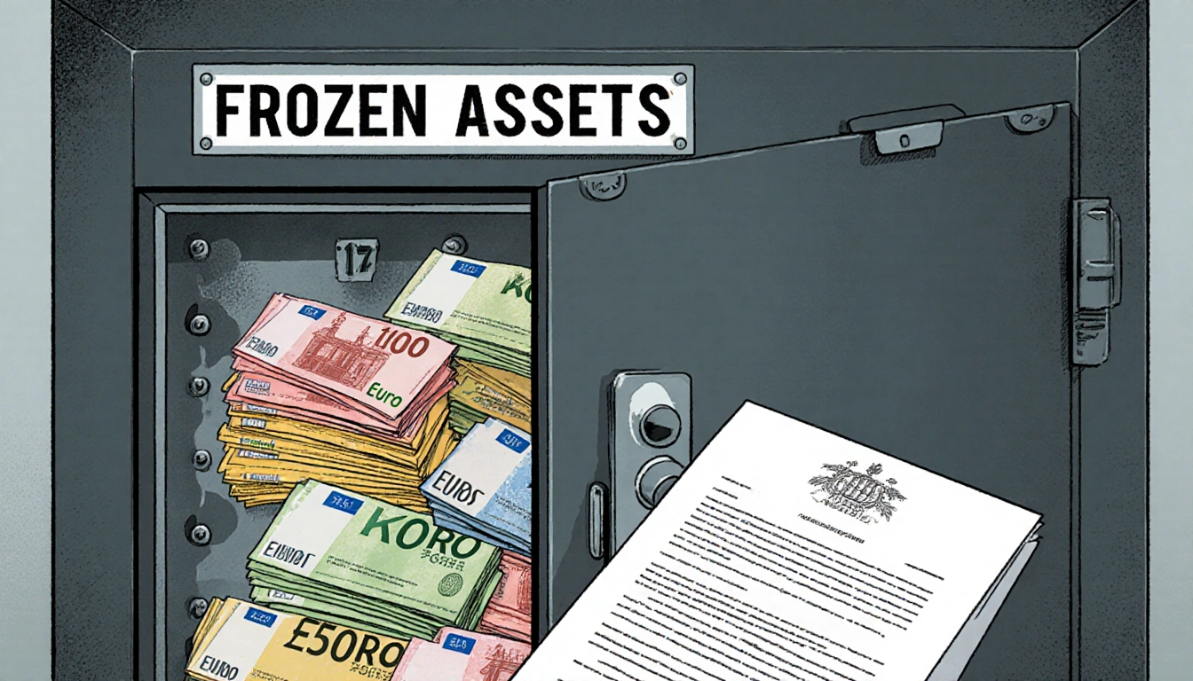Vault door showing frozen assets with stacks of euros and rubles and a legal document in front.