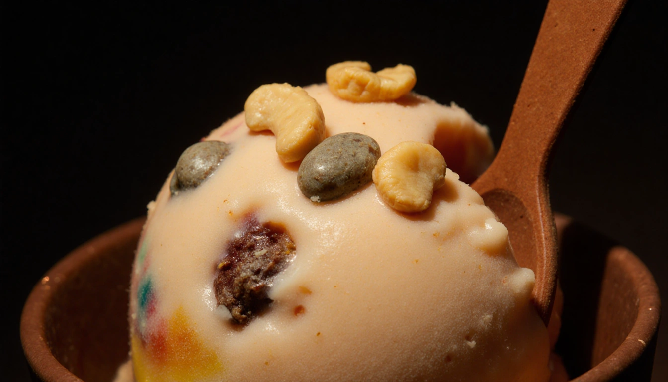 Frozen dessert showing small stones inside with creamy texture under warm light highlighting consumer safety concerns