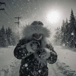 Person struggling upright in winter gear with icy wind on face and swirling snowflakes in sky