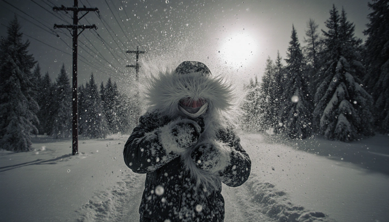 Person struggling upright in winter gear with icy wind on face and swirling snowflakes in sky