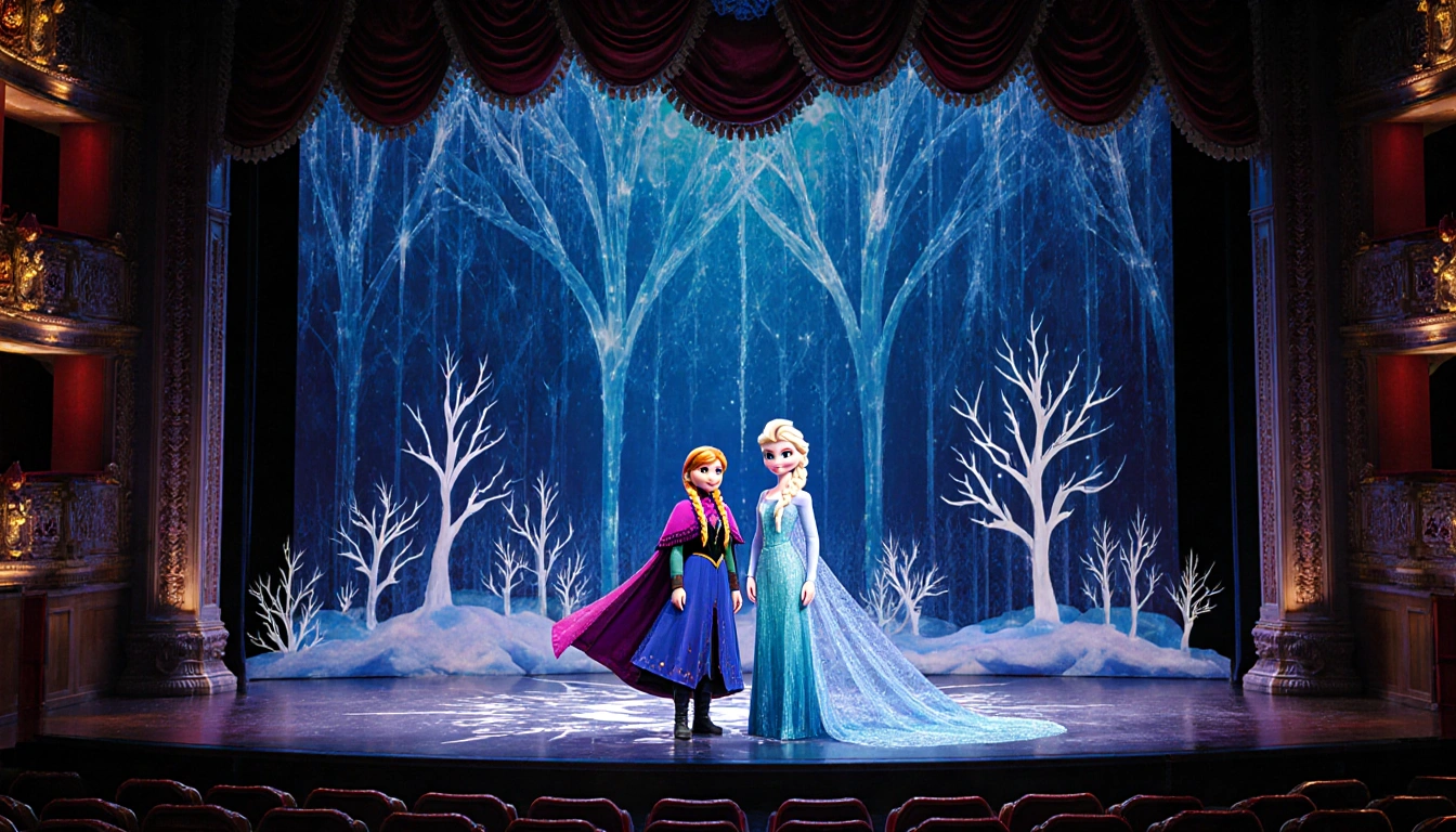 Anna and Elsa singing Frozen with colorful set pieces and bold lighting at Georgetown Palace Theatre