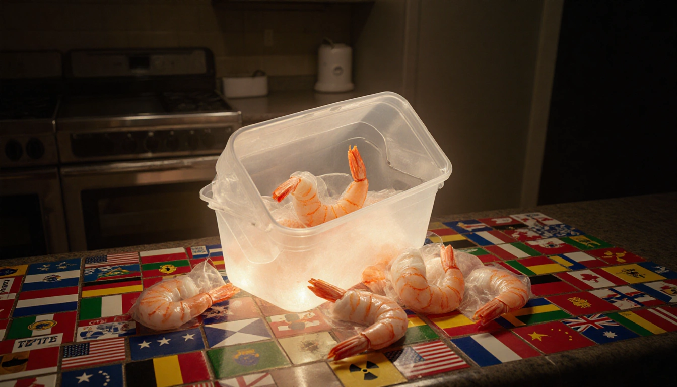 Container of frozen shrimp being seized with a glowing edge indicating radiation and surrounded by a mosaic of state flags