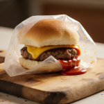 Frozen slider revealing beef patty with wooden cutting board and ketchup splatter