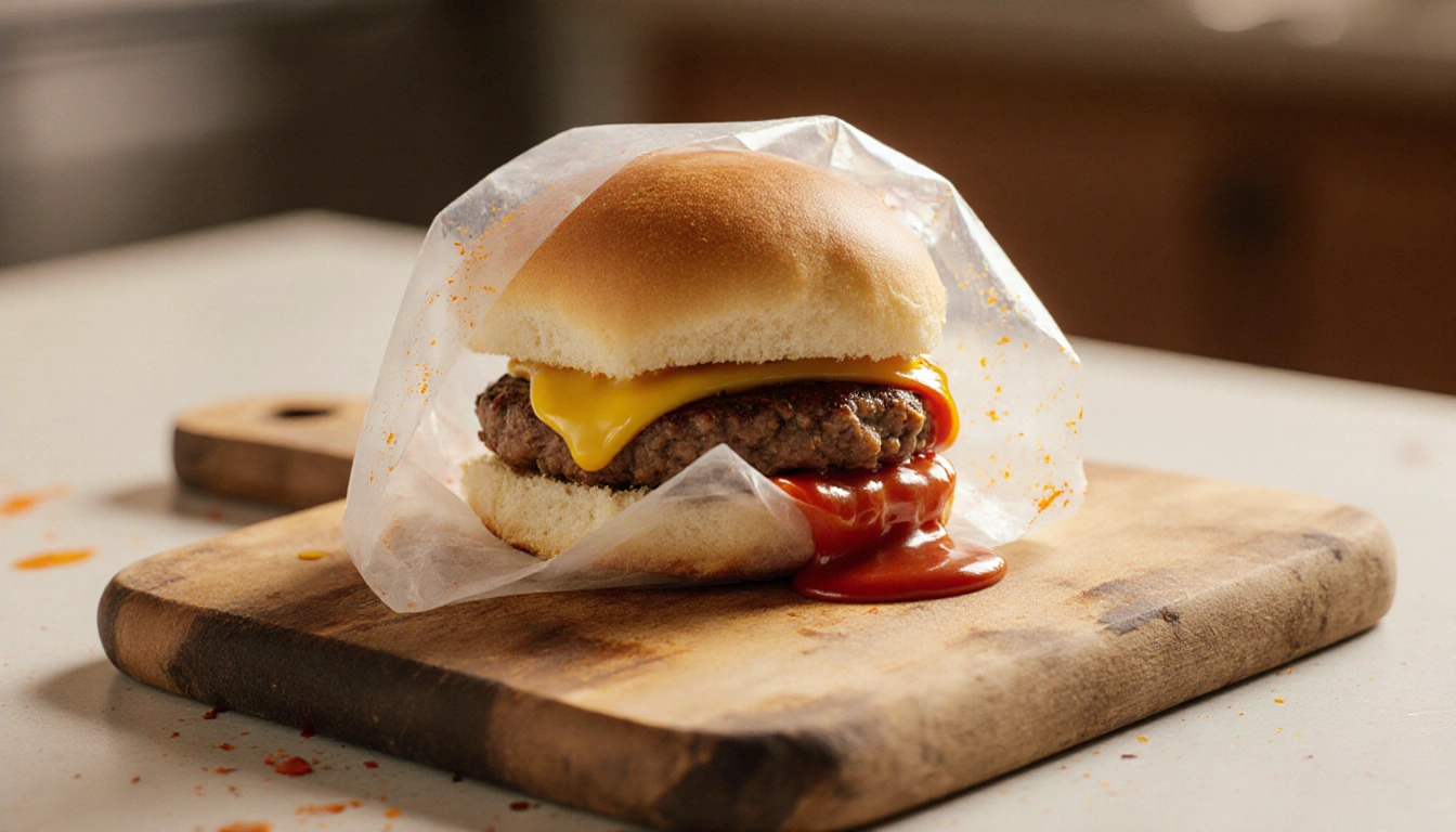 Frozen slider revealing beef patty with wooden cutting board and ketchup splatter