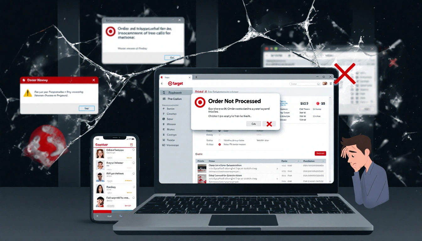 Frustrated customer trying online order with chaotic screen errors and phone showing missed calls and broken window