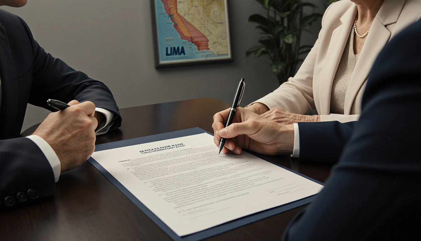Mother signs mortuary contract with representative with embalming and transportation terms and California map in background.