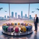 Mayor Watson standing beside baggage carousel with luggage carts and spherical bags at futuristic airport terminal