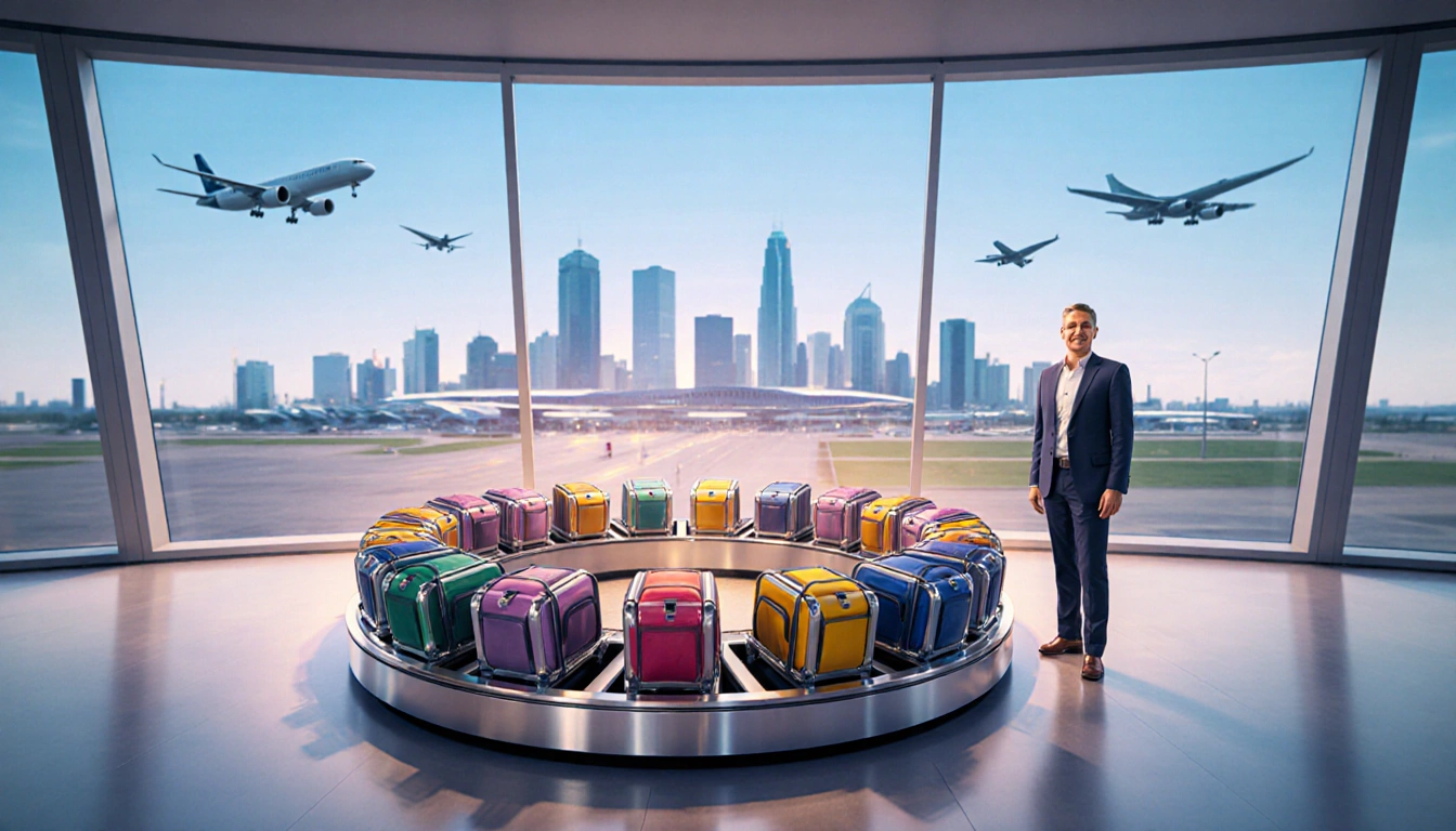 Mayor Watson standing beside baggage carousel with luggage carts and spherical bags at futuristic airport terminal