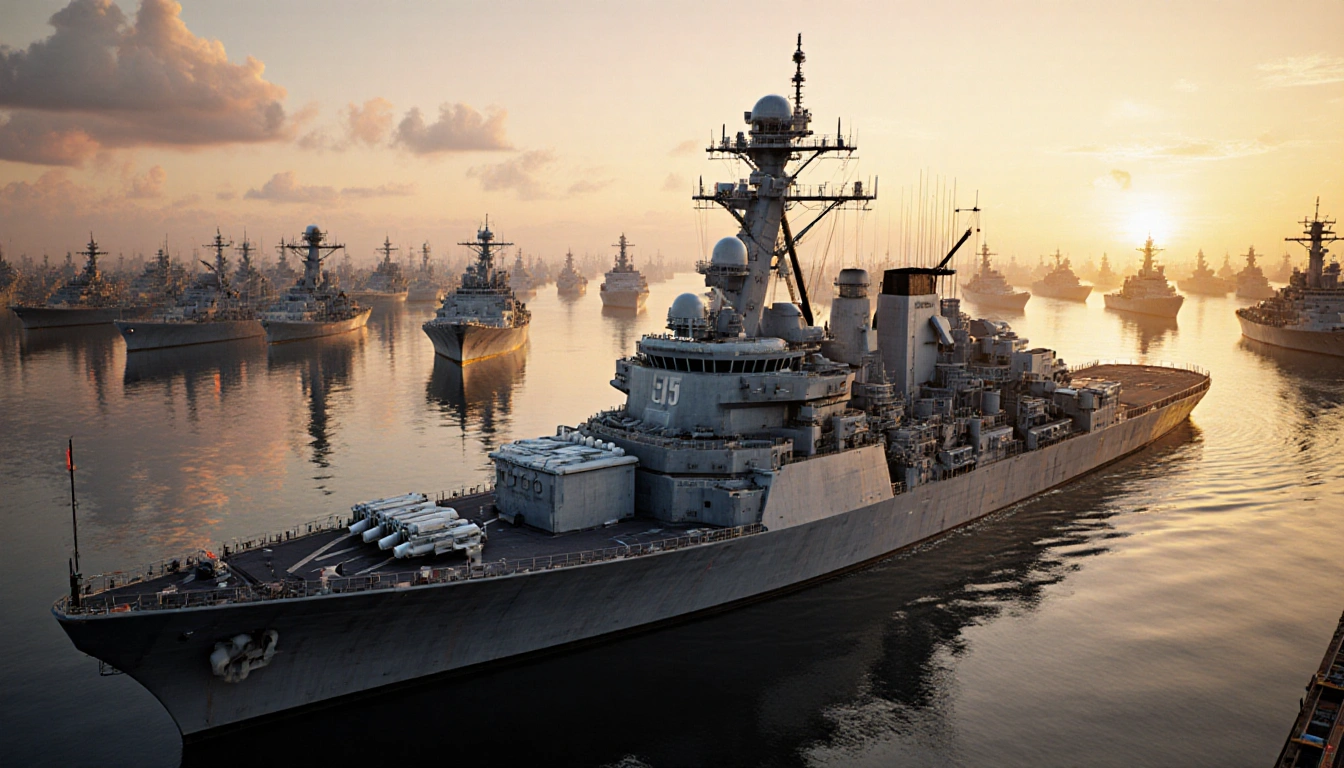 Battleship dominates naval dockyard with golden accents and fleet reflections at sunset.