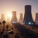 Futuristic cityscape glows with data center lights and long desert shadows.