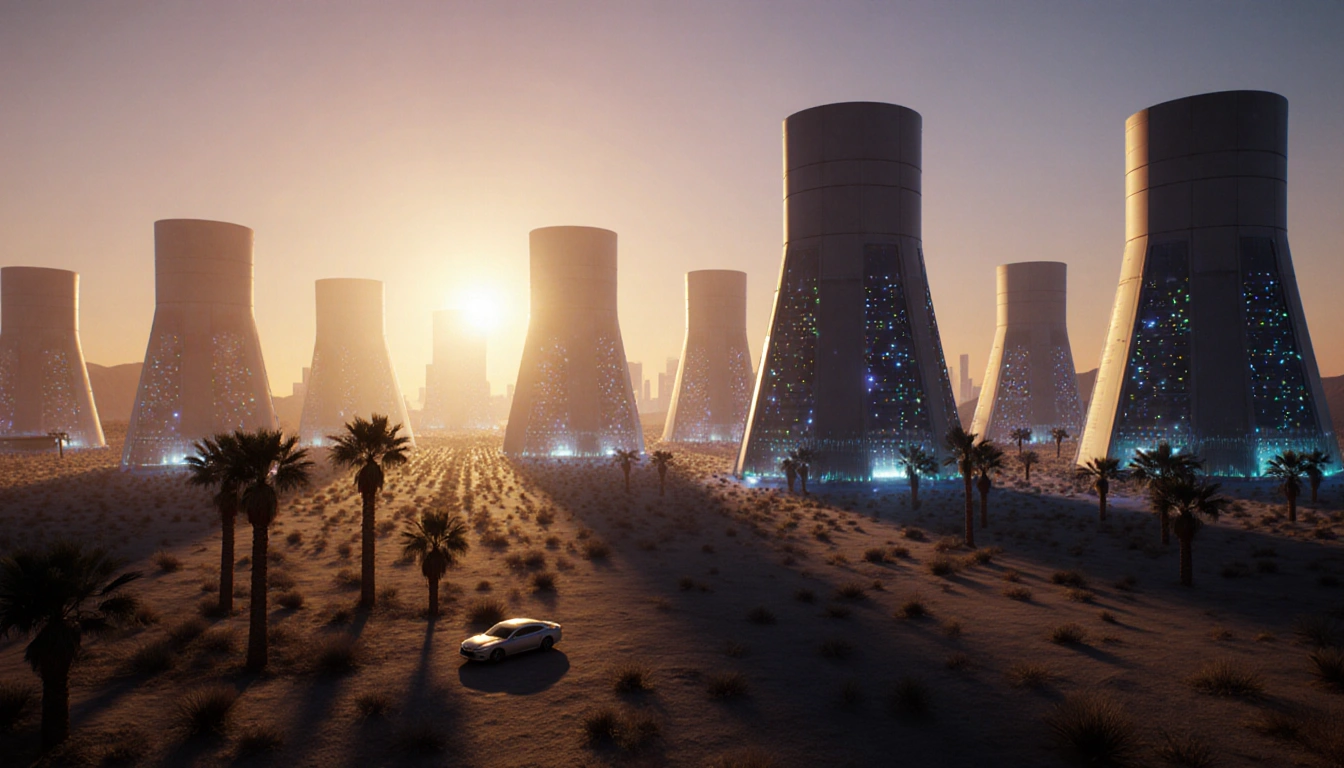 Futuristic cityscape glows with data center lights and long desert shadows.