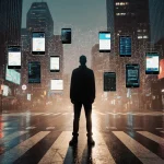 Silhouette standing at intersection with neon pavement and a halo of smartphone screens showing AI interfaces