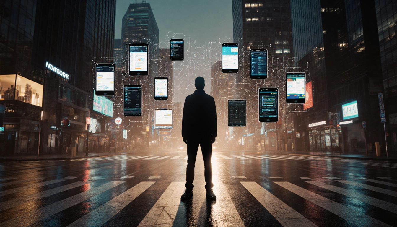 Silhouette standing at intersection with neon pavement and a halo of smartphone screens showing AI interfaces
