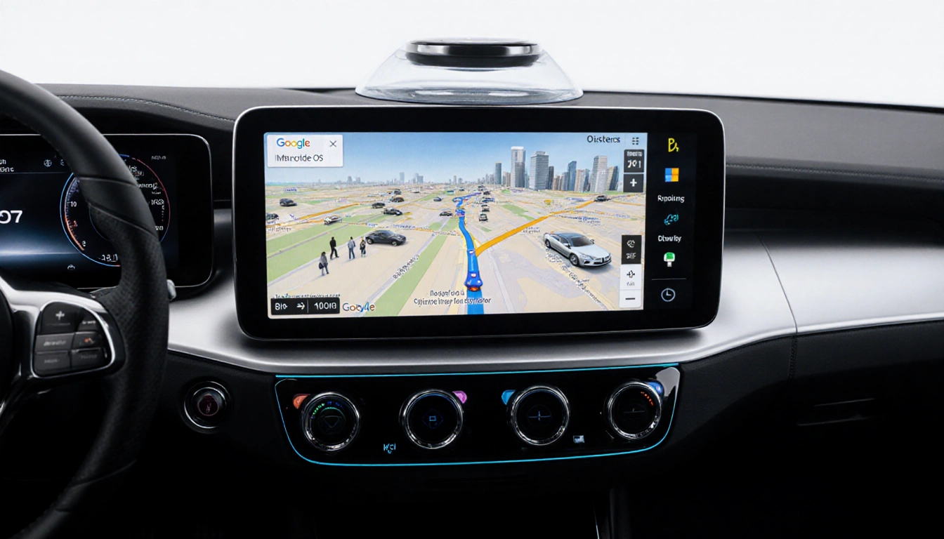 Dashboard displays a Google Maps interface with infotainment system and Microsoft AI voice assistant hovering.