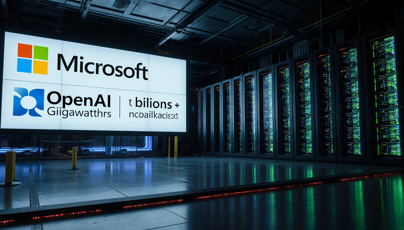 Data center hums with glowing server racks and a giant LED screen showing Stargate investment figures