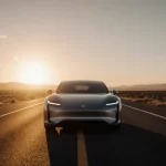 Electric car glows on highway with sunset light and LED accents