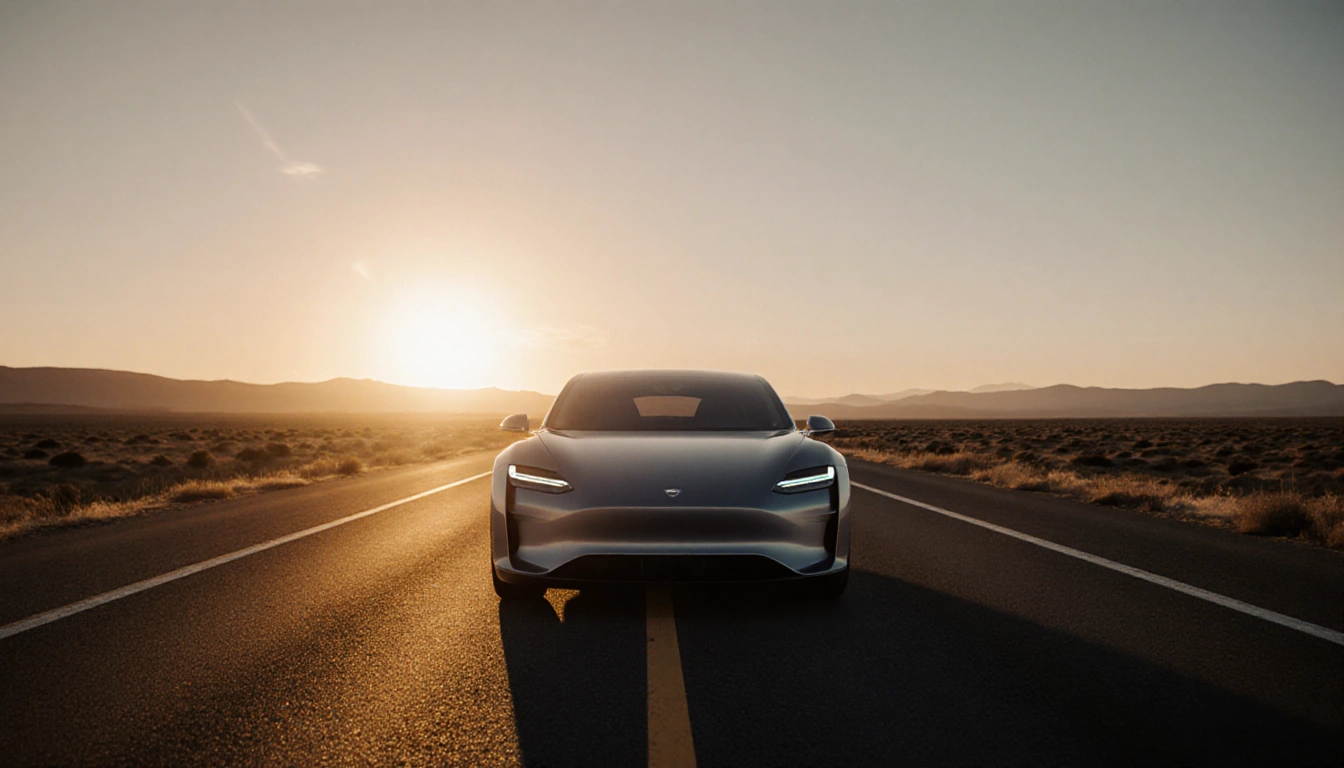 Electric car glows on highway with sunset light and LED accents