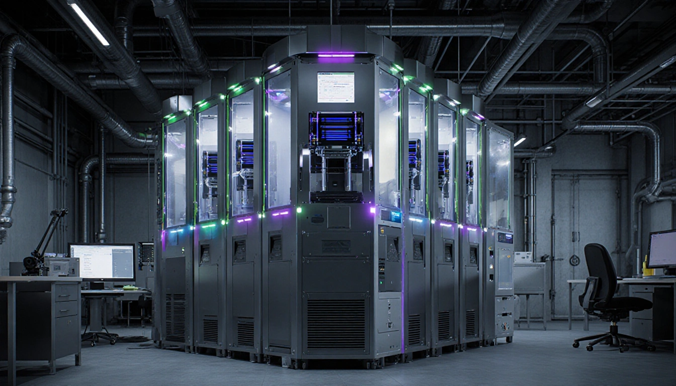 Compact futuristic factory unit operating ten 3D printers with neon lights and metallic panels.