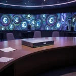 Curved wooden table sits with LED screens and a silver processor on top in a financial transaction room lighted trade data.