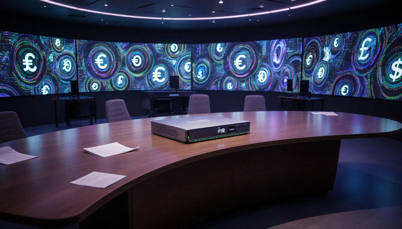 Curved wooden table sits with LED screens and a silver processor on top in a financial transaction room lighted trade data.