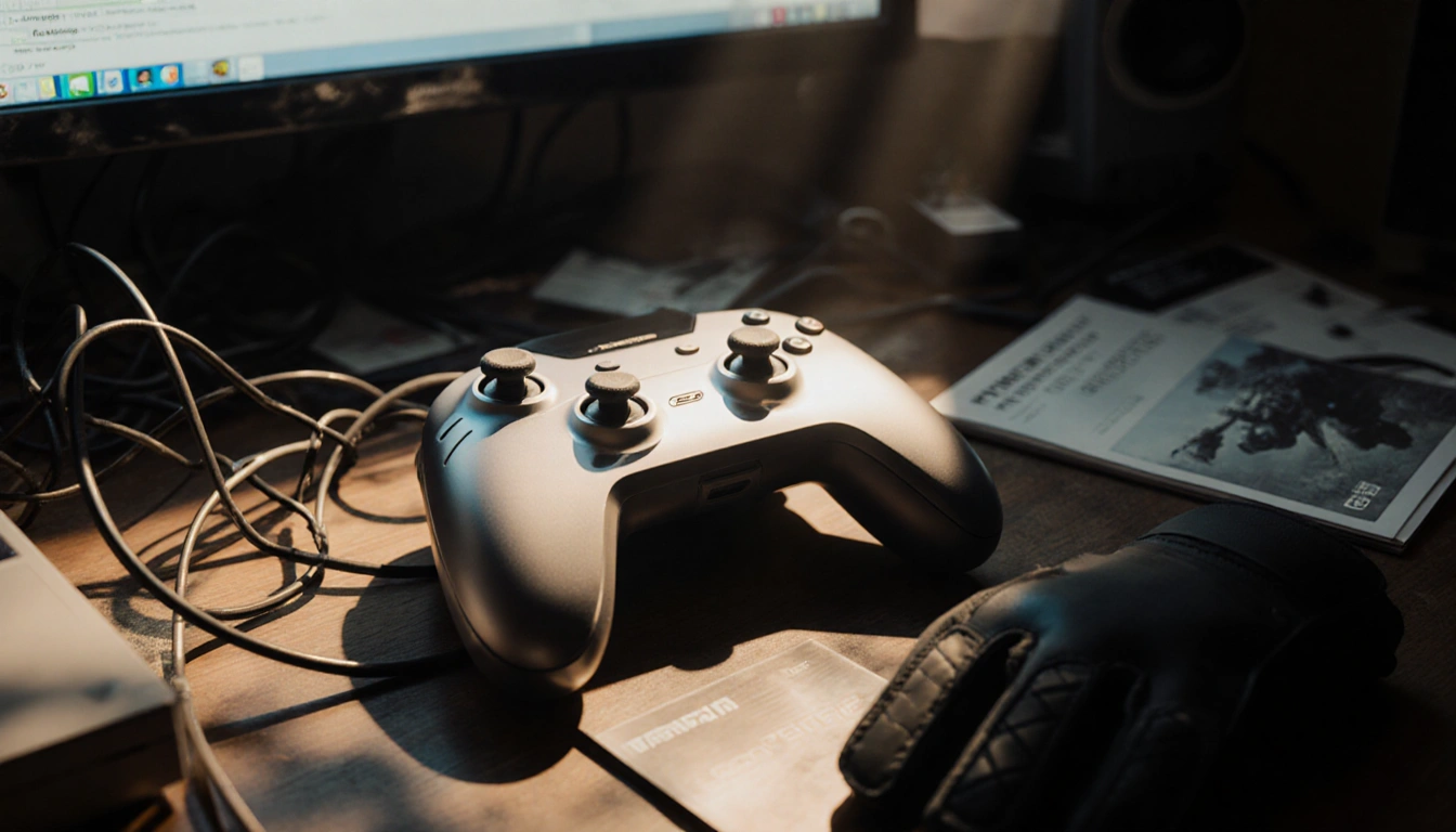 Sleek futuristic gaming controller glimmers on cluttered desk with tangled wires and gaming gloves nearby.