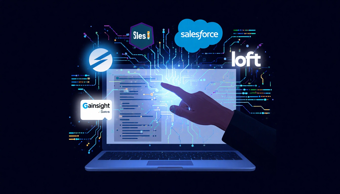 Hacker hovering fingers over screen with Salesforce integration logos and data streams swirling around