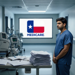 Dr. Jayesh Shah examining cluttered desk with medical charts and Texas flag on screen in futuristic hospital corridor