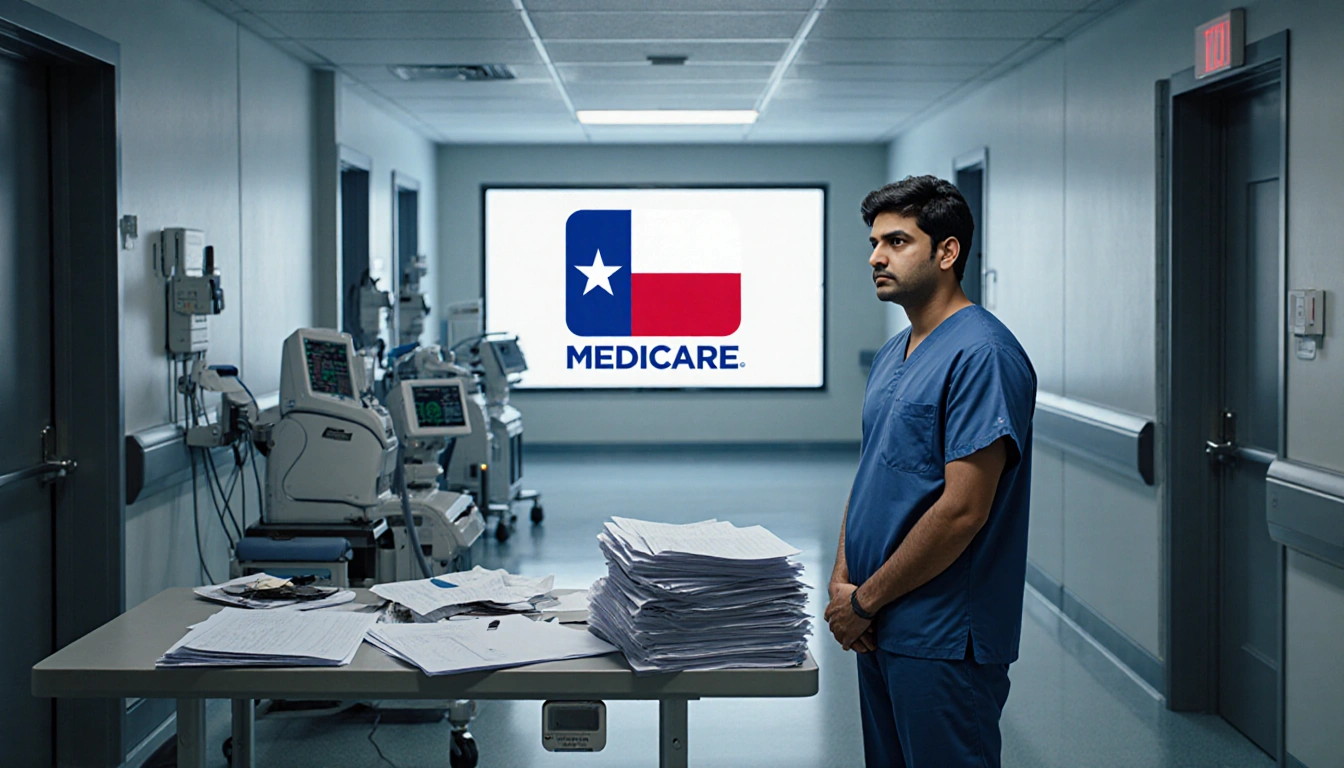 Dr. Jayesh Shah examining cluttered desk with medical charts and Texas flag on screen in futuristic hospital corridor