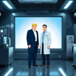 Large screen shows Trump and Dr Peter Lee in futuristic lab coats with neon glow in a sleek lab.