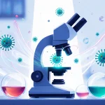 Microscope displays a single virus particle with swirling molecules and colorful petri dishes in a hopeful blue lab