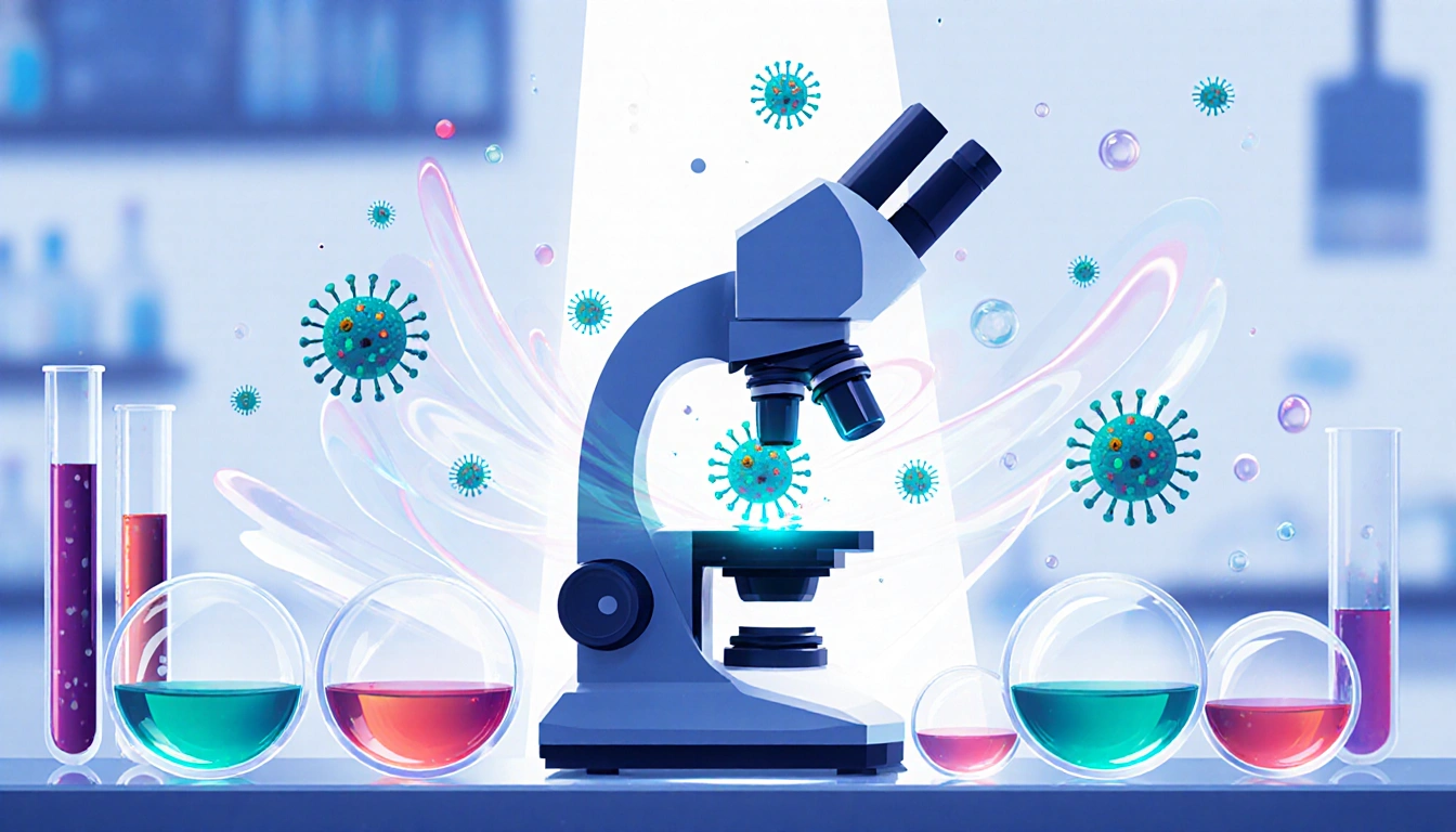 Microscope displays a single virus particle with swirling molecules and colorful petri dishes in a hopeful blue lab