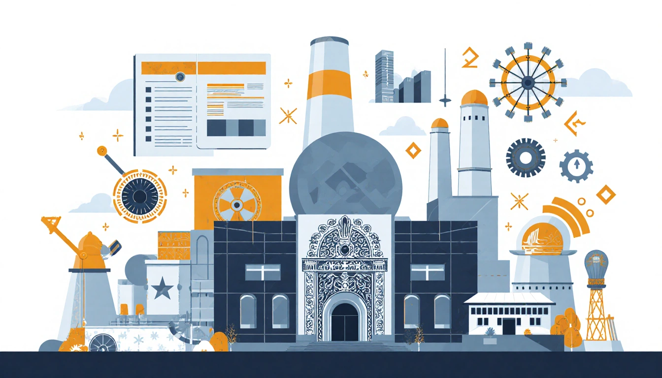 Futuristic nuclear power plant building glowing with Indian motifs and safety gear while displaying economic charts