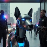 Emergency team gathers around a robotic dog with glowing blue accents and silver body and neon‑lit cityscape through doorway