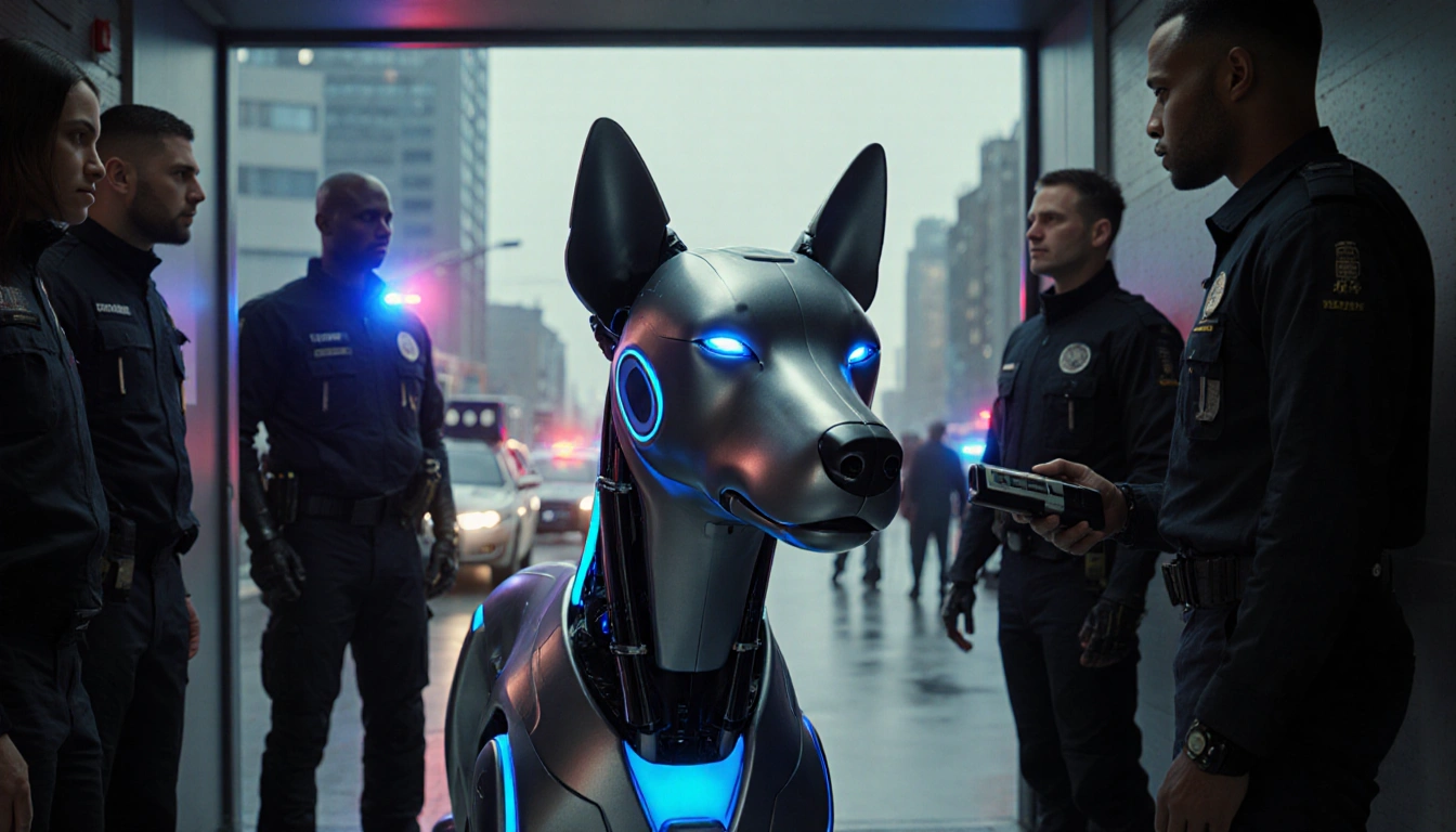 Emergency team gathers around a robotic dog with glowing blue accents and silver body and neon‑lit cityscape through doorway