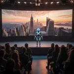 Humanoid robot stands with eyes directing a screen showing a city amid a conference room of 2000 attendees with innovation